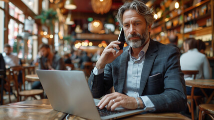 Phone Call : A man in a suit sits in a cafe, working on his laptop and using a cell phone. amidst a bustling atmosphere, surrounded by technology and people,