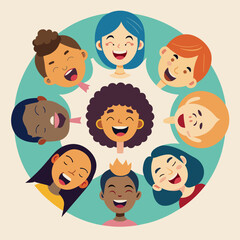 Circle of laughter with diverse faces, promoting joy and emotional well-being. vektor illustation