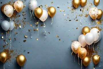 Celebration banner with gold confetti and balloons,Gold confetti celebration party banner with Gold balloons background anniversary graduation retirement holiday