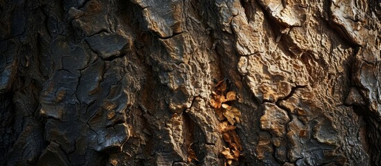 Detailed close-up of the intricate patterns and textures of the tree trunk bark, resembling a mix of wood, rock, and soil erosion layers on a terrestrial plant surface.