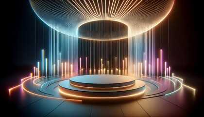 minimalist rounded podium, under a cascade of soft neon. 3d stage for product display. an abstract platform for product presentation. 3d round shape for advertisement. tech products mockup.