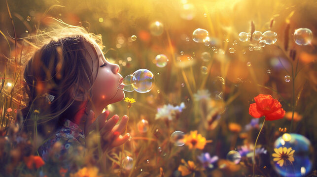 A young girl blowing bubbles in a field of wildflowers, her laughter echoing through the air as she watches the shimmering orbs float away on the breeze.