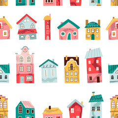 Houses, buildings. Seamless pattern. Children's vector illustration in modern style.