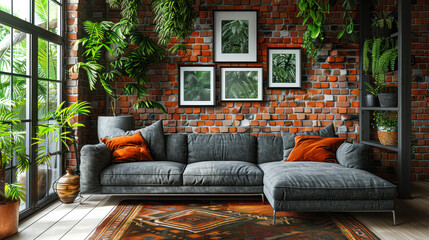 Industrial Loft Interior Design with Brick Wall and Gray Sofa