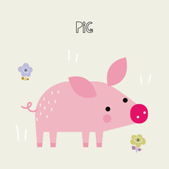 Farm animals cards. agriculture animals vector set for educational kids cards. illustrations  goose, pig, chicken  in hand draw style