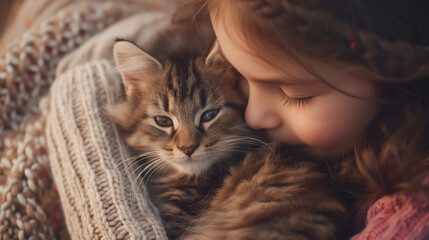 A young girl cuddling a fluffy kitten, her heart overflowing with love and affection as she strokes its soft fur with gentle care.