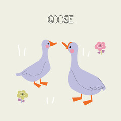 Farm animals cards. agriculture animals vector set for educational kids cards. illustrations  goose, pig, chicken  in hand draw style