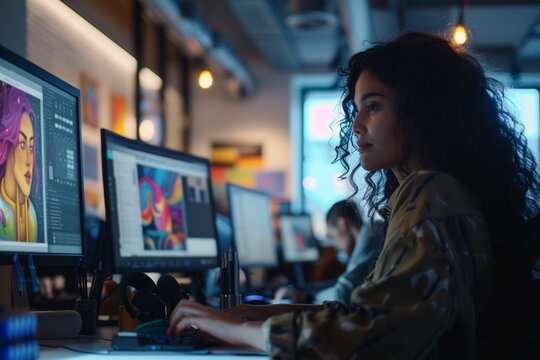 Side view of a female digital artist is working at a computer in the office. Profession concept.