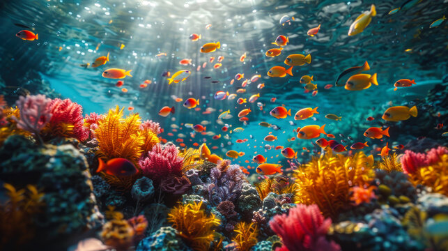 VR Mockup of a Colorful and Amazing Underwater World with Fish and Coral © Graphics.Parasite
