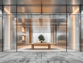 Spacious glass building with a central wooden table and lush plants