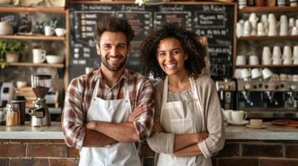 man and a woman wearing aprons are standing confidently in a cozy, rustic cafe setting, both smiling towards the camera.