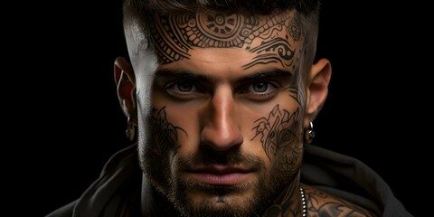 The Powerful Presence of a Tattooed Man with Intense Facial Ink. Concept Tattooed Man, Intense Facial Ink, Powerful Presence, Bold Portrait, Unique Features