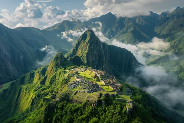 Crédence de cuisine en verre imprimé Machu Picchu Machu Picchu Inca ancient civilization ruins in Peru, aerial view scenic picturesque