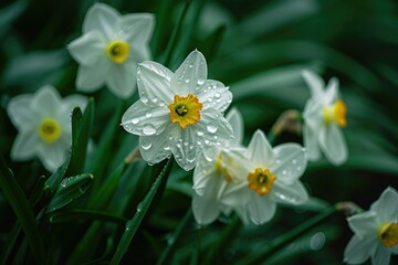 a group of white flowers with yellow centers