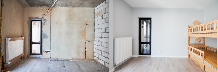 Comparison of children room with wooden bunk bed before and after restoration. Old apartment room with brick wall and new renovated flat with parquet floor and kid house bed.
