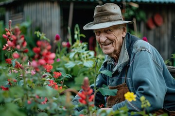 an old man in a hat sitting in a garden