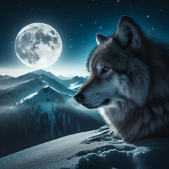 Lone wolf stands on mountain ridge, with snow and full moon
