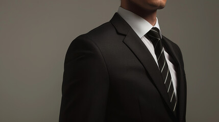 close-up view of a man in a business suit with a pinstriped design. He is wearing a white dress shirt and a striped tie.