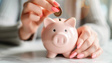 woman's hands with pink polished nails depositing a silver coin into a pink piggy bank, representing savings and financial planning. - obrazy, fototapety, plakaty