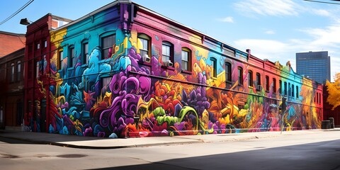 Colorful aerosol paintings line alley walls transforming urban space into art. Concept Urban Art, Colorful Murals, Graffiti Culture, Street Artists, Public Art Display