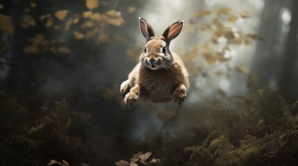 A cute little fluffy rabbit is jumping in the forest. A bright sunny day. Easter holiday.