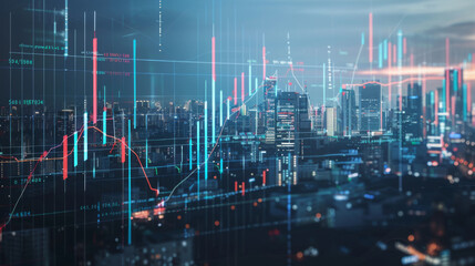 cityscape with modern skyscrapers and overlaid financial graphs, symbolizing the bustling economy and the stock market.