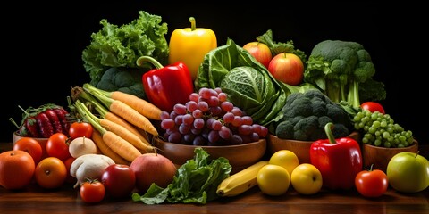 A vibrant display of assorted fruits and vegetables: colorful and nutritious. Concept Food Photography, Healthy Eating, Vibrant Colors, Fresh Produce, Nutrition Benefits