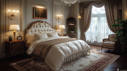 Fototapeta premium Glamorous Bedroom Interior Design with Chandelier and Mirror
