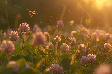 a bee flying over a field of pink flowers - Powered by Adobe