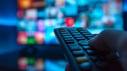 close-up view of a hand holding a television remote control with a blurred television screen in the background, displaying colorful images.