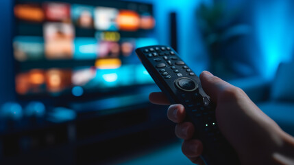 close-up view of a hand holding a television remote control with a blurred television screen in the background, displaying colorful images. - obrazy, fototapety, plakaty