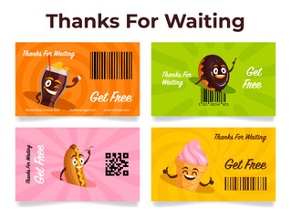 Thanks for waiting fast food and drink cafe loyalty card set design template vector illustration