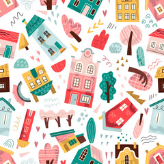 Seamless pattern. Houses, buildings, trees, bridges. Children's vector illustration in modern style.