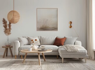 Cozy living room with couch, coffee table, and wall painting in a grey house