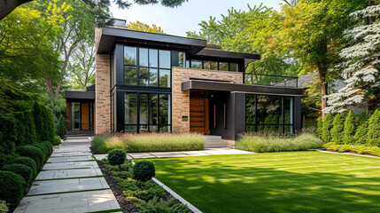 Chic suburban home with a mix of materials, large windows, and a well-manicured garden, portraying a contemporary and inviting facade
