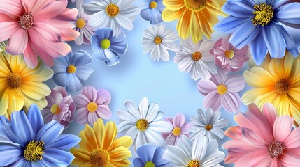 Different flowers on the sides with a free space in the center for text on a pastel-colored background. Realistic.