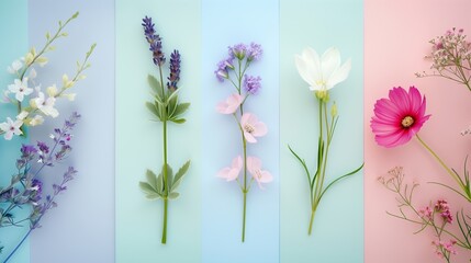 Different flowers on the sides with free space in the center for text. Pastel-colored background. Realistic.