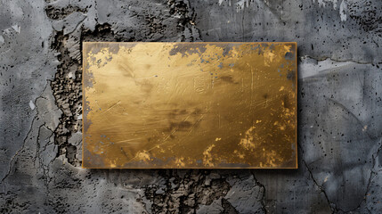 Golden metal plate on concrete wall.