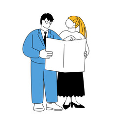 打ち合わせをするスーツの男性と女性のシンプルなイラスト
