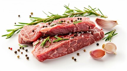 Raw ribeye beef steak with rosemary, garlic, and peppercorns on a white background. Front view.