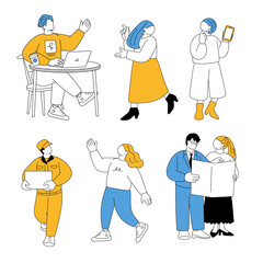働く男女や配送員やスーツの人々シンプルなイラスト

