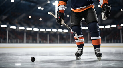 Close up of hockey player skating with stick and puck. generative.ai - obrazy, fototapety, plakaty