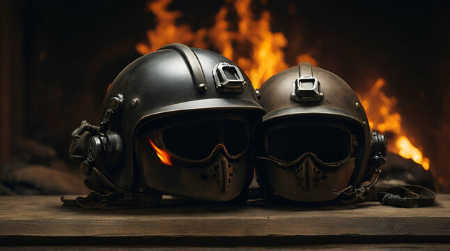 a couple of helmets sitting on top of a fire. Generative.ai