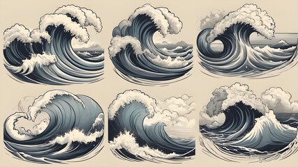 Sea waves sketch. Storm wave, vintage tide and ocean beach storms hand drawn vector illustration set - obrazy, fototapety, plakaty