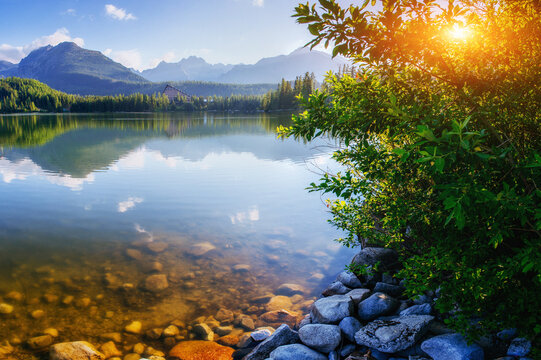 Majestic mountain lake in National Park High Tatra. Strbske ples