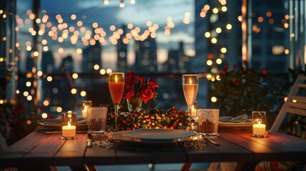 Romantic Dinner Setup with City Lights and Champagne