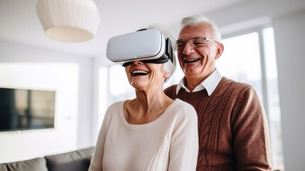 An elderly married couple, husband and wife, gray hair, European appearance, in casual clothes, in a modern room, wearing a white VR virtual reality headset. daylight, high contrast, background blur