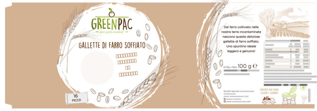 Etichetta gallette di farro naturali con payoff motivazionali. Mockup scatola gallette.