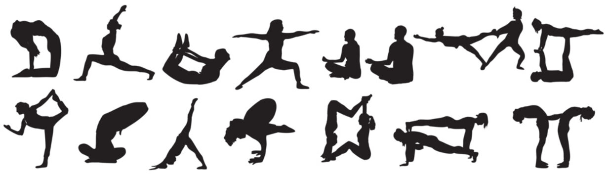 set of silhouettes of yoga pose