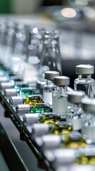 Pharmaceutical production line: medical vials and tablets manufacturing, automated process of drug production in modern pharmaceutical facilities, ensuring quality and efficiency